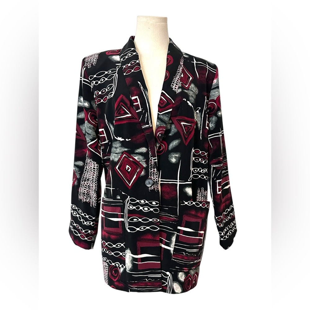Vintage Emily Adams Women's Black and Red Patterned Blazer size small (D36)